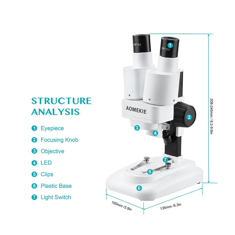 AOMEKIE 20X Stereo Microscope Binocular with LED for PCB Soldering Tool Mobile Phone Repair Slides Mineral Watching Microscopio